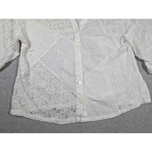 Sacred Threads Women Top Large Floral Geo Lace Patchwork Sheer Button Up - Picture 3 of 14